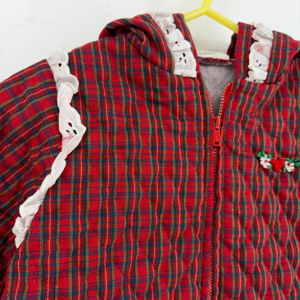Vintage Doe-Spun Toddler Girls Red Plaid Quilted Hooded Jacket Lace Trim 24M